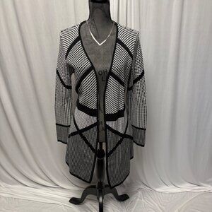 Belldini Open Front Cardigan Womens Size Large Black White Geometric Long Sleeve